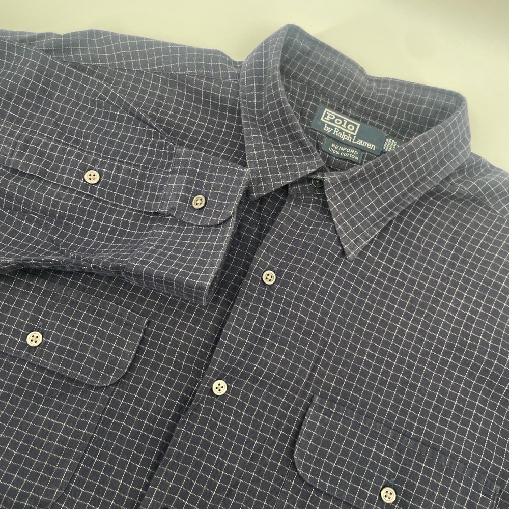Polo Ralph Lauren Shirt Mens XL Navy Blue Benford Grid Cotton Button Down Pocket